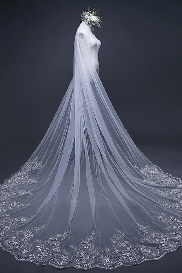 Voile Mariée En Dentelle 5 Mètres Longue - Traîne Cathédrale Luxe, Tulle Élégant Pour Mariage